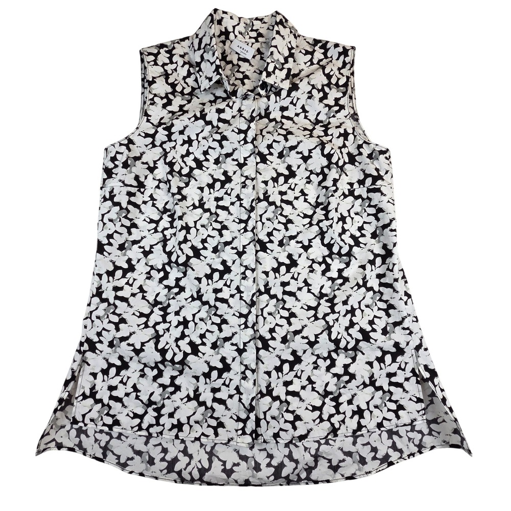 Akris Punto Black White Floral Sleeveless Cotton Blouse 6 Summer Lightweight